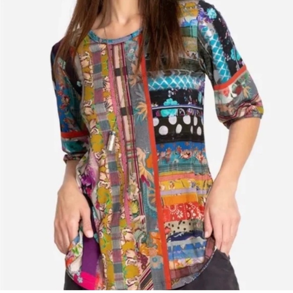 Johnny Was Multicolor sonnet patchwork puff sleeve Floral Geometric Top Sz XS